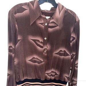 DRIES VAN NOTEN 100% Silk Brown Dreamy Lips Long Sleeve Blouse